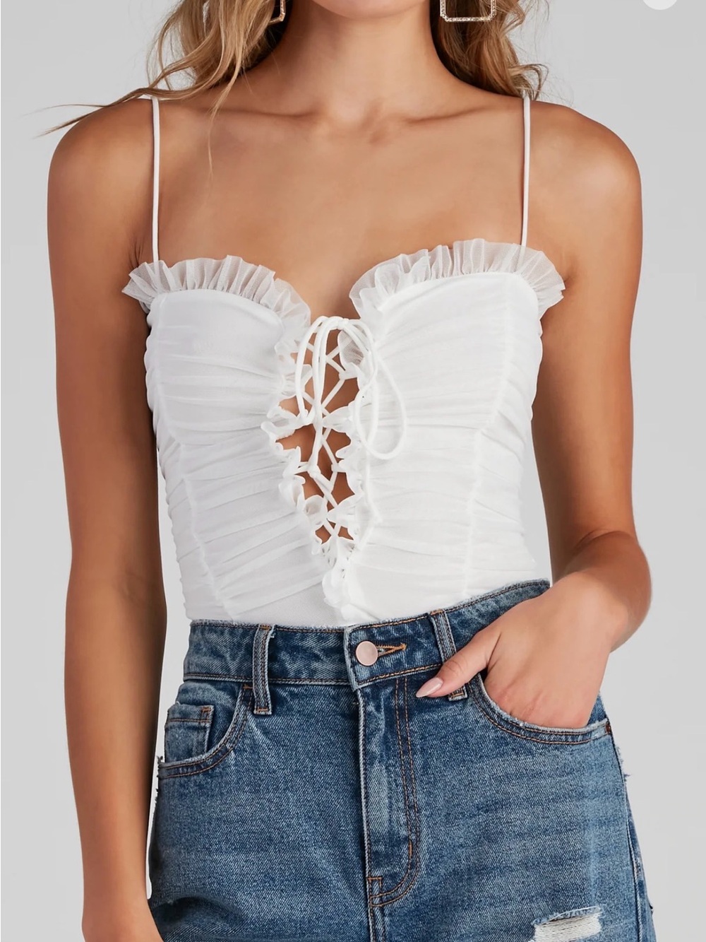 Ruched Ruffle Lace-Up Bodysuit - Picture 4 of 6